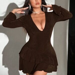 Elegant Brown V-Neck Dress